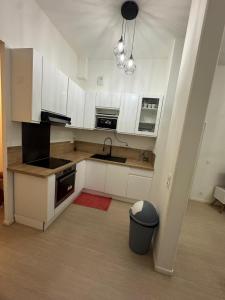 a kitchen with white cabinets and a trash can at Appartement chaleureux de 2 chambres in Courcouronnes +15 photos
