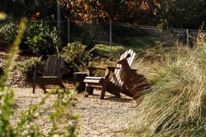 two wooden benches sitting in a field of tall grass at Highview Escape in Mount Victoria