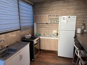 a small kitchen with a refrigerator and a sink at Cabañas Litueche 1 in El Rosario