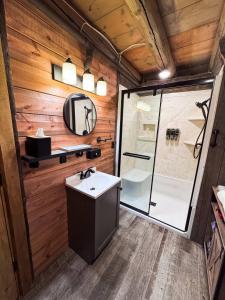 a bathroom with a sink and a shower at A Novel Stay 3 bed 2 bath log cabin in Shelbyville, IL in Shelbyville