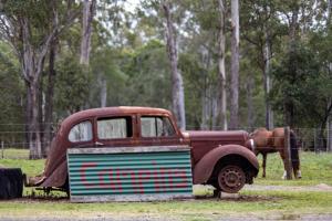 an old truck parked in a field with a horse at JJJ's Ranch Farm 1 by Tiny Away in Koolboo