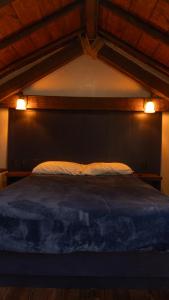 een slaapkamer met een blauw bed met 2 verlichting bij La Fama in San Cristóbal de Las Casas