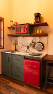 een keuken met een spoelbak en een magnetron bij La Fama in San Cristóbal de Las Casas