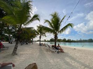 a group of people sitting on a beach with palm trees at Ronya One Bedroom Pool and Barbacoa Las Canas Residential Close to the Airport Veron Punta Cana in Punta Cana