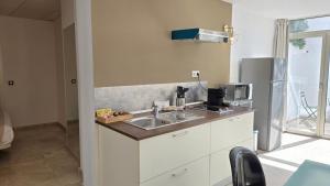 a kitchen with a sink and a microwave at Felix Saenz Boutiques Suites by Del Parque Flats in Málaga +180 photos