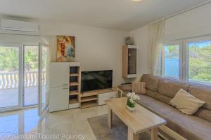 a living room with a couch and a tv at Green Haven Sea & Forest Apartments in Donji Karin