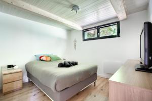 a bedroom with a bed and a tv in it at Chalet 'La Forêt Enchantée', nature, calme et jacuzzi au coeur de la Vallée 