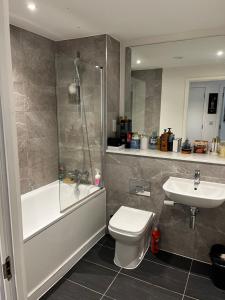a bathroom with a toilet and a shower and a sink at Cozy flat Near Manchester - Private double room with WiFi in Manchester +7 photos