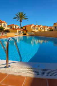 a swimming pool in a villa with a palm tree and houses at Oasis del Sol in Costa Calma
