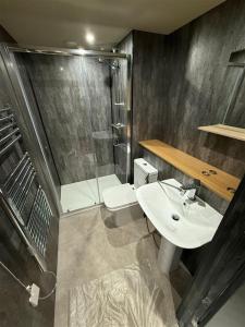 a bathroom with a toilet and a sink and a shower at Central City Apartment in Central Station +6 photos