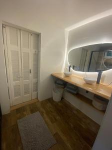 a bathroom with a vanity with a mirror and a sink at Luxury bungalow Woldzicht in Appelscha