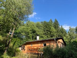 a wooden cabin in the middle of a forest at Jaroldsmühle in Jarolden