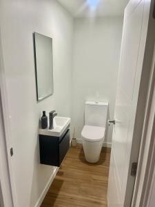 un bagno con un water bianco e uno specchio di New build City Townhouse & Gated Car Park a Christchurch Altre 8 foto