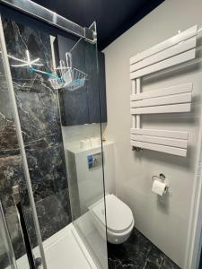 a bathroom with a toilet and a glass shower at 2 pokojowy apartament in Dąbki +7 photos