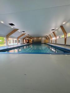 an empty swimming pool in a building at Chalet Séquoia 138 Nature, piscine et chien bienvenu à Durbuy in Durbuy