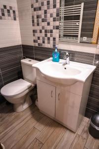 a bathroom with a white sink and a toilet at Chata Říp II 