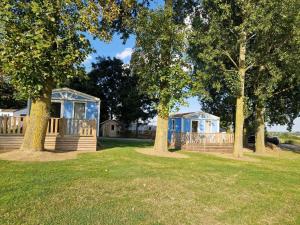 a group of trees in a park with a house at Camping Le Romantic in Steenvoorde