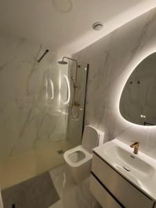 a bathroom with a toilet and a sink and a mirror at Oasis de Paz Cullera in Cullera +5 photos