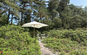 a table and chair under an umbrella in a garden at Amazing Home In Aakirkeby With Wifi in Vester Sømarken +8 photos