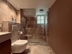 a bathroom with a toilet and a shower at Townhouse 't Raap in Amsterdam