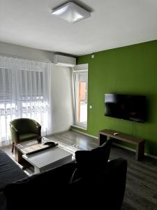 a green living room with a couch and a table at Green Apartment in Prishtina in Pristina +8 photos
