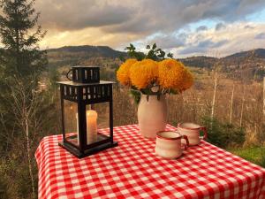 a table with two candles and flowers on a checkered table cloth at Miko II in Slavske