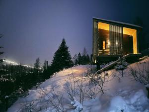 a small cabin in the snow at night at Miko II in Slavske