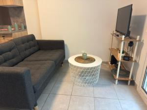 a living room with a couch and a table at Apt 4 people pool air conditioning garden in Mandelieu-la-Napoule