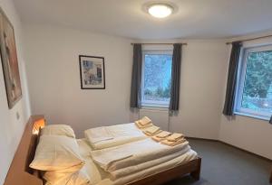 two beds in a room with two windows at Fewo 3 in Willingen