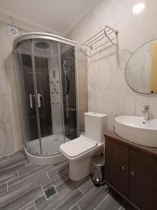 a bathroom with a shower and a toilet and a sink at ALTA MARE in Nea Peramos