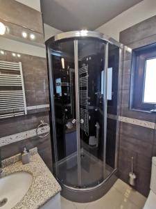 a bathroom with a shower and a sink at Apartament Kalinderu K2 Busteni in Buşteni +76 photos