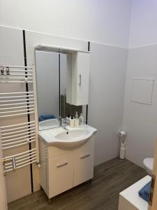 a bathroom with a sink and a mirror at Biztos Kuckó in Szeged +19 photos