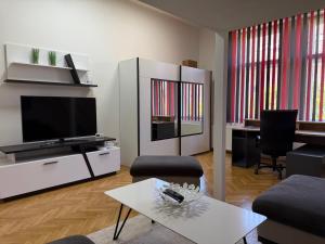a living room with a television and a table at Biztos Kuckó in Szeged