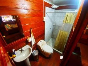 a bathroom with a toilet and a sink and a shower at Coco house tambopata in Puerto Maldonado