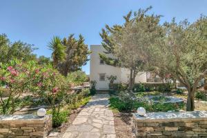 a garden with flowers and trees in front of a house at Great house w/ BBQ in Paros in Santa Maria