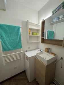 BogèveにあるDuplex studio and balconyのシンクと冷蔵庫のある小さなキッチン
