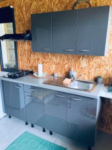 a kitchen with stainless steel cabinets and a sink at Éco-Domaine du volcan, Le Prunier, Studio 2 personnes in La Plaine des Cafres +22 photos