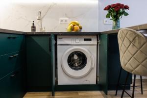a kitchen with a washing machine under a counter at VS Apartments in Kyiv