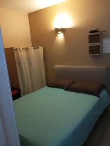 a small room with a bed and a light on the wall at Studio confortable à Dolus-d'Oléron 26 m² avec piscine in Dolus-d'Oléron