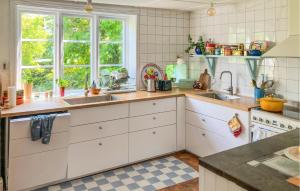 LöderupPet Friendly Home In Löderup With Wifi的厨房配有白色橱柜、水槽和窗户。