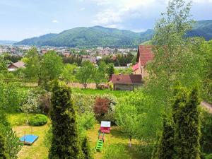 eine Luftaufnahme eines Gartens mit Bäumen und einem Haus in der Unterkunft Casa cristina in Gura Humorului