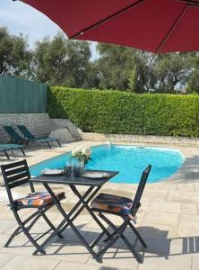 a table with two chairs and an umbrella next to a pool at Magnifique studio, piscine, parking Nice in Nice +3 photos