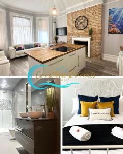 a kitchen and a living room with a bed at The Bournemouth Haven - Brought to you by Coastline Retreats - Grand 2 bedroom luxury apartment - 3 mins walk to beach - Superfast Wifi - Sleeps 6 in Bournemouth