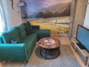 un salon avec un canapé vert et une table dans l'établissement Apartament Wrzos Bieszczady, à Czarna