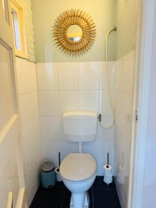 a small bathroom with a toilet and a mirror at Het zandhuisje 84 in Noordwijk aan Zee +7 photos
