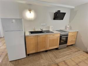 Una cocina con un refrigerador blanco y un fregadero. en Appartement LE 33, en Hombourg-Haut