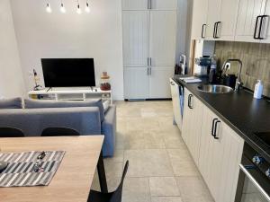 a kitchen and living room with a couch and a tv at Casa Rosalia in Cozze