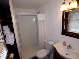 Un baño con inodoro, ducha y lavabo. en Authentic Log Cabin with a Deck in Chugach National Forest, Alaska, en Cooper Landing