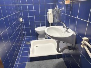 a blue tiled bathroom with a sink and a toilet at Apartments Radulović in Biograd na Moru +25 photos
