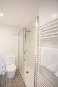 ein Badezimmer mit Toilette und Glasdusche in der Unterkunft Collado, terraza con vistas y garaje - Arafita Apartamentos in Formigal + 30 Fotos